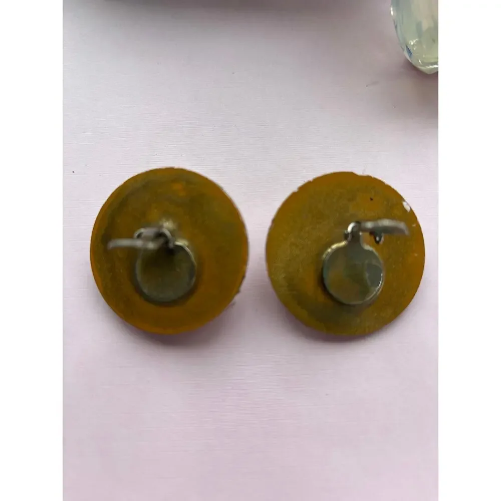 Vintage Big Button Gold Metallic & Green Crystals Earrings 1980